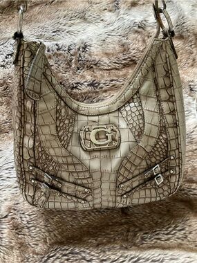 Guess Beige Croc-Embossed Hobo with Gold G Plaque